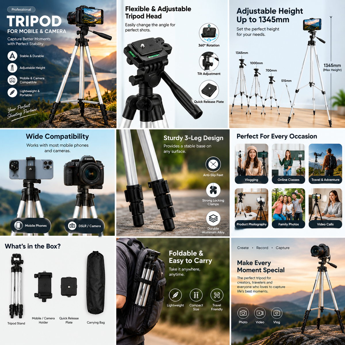 Professional Adjustable Tripod Stand for Mobile & Camera – 1345mm